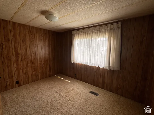 Wood-paneled walls with textured ceiling