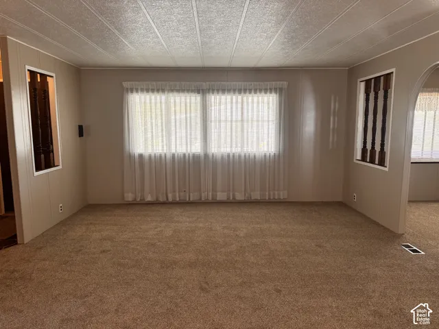 Spacious room featuring carpeting, natural light, and decorative interior window elements