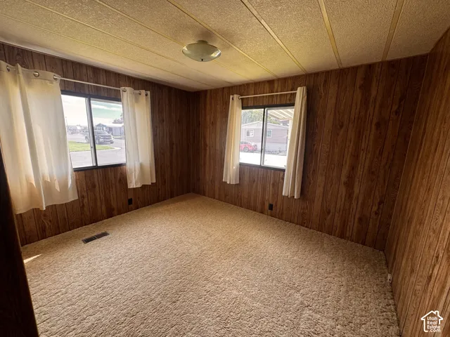 Wall-to-wall carpeting, wood-paneled walls, and a ceiling-mounted light fixture