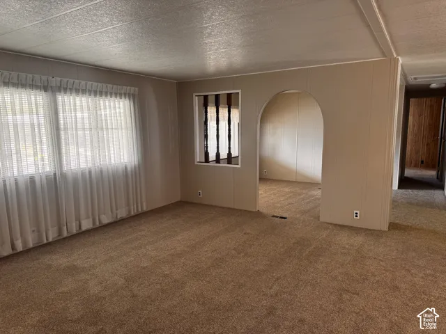 Carpeted interior with neutral wall paneling, an arched entryway, and a window with blinds