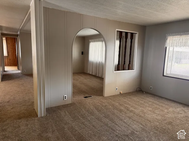 Brown carpeted flooring and paneled walls