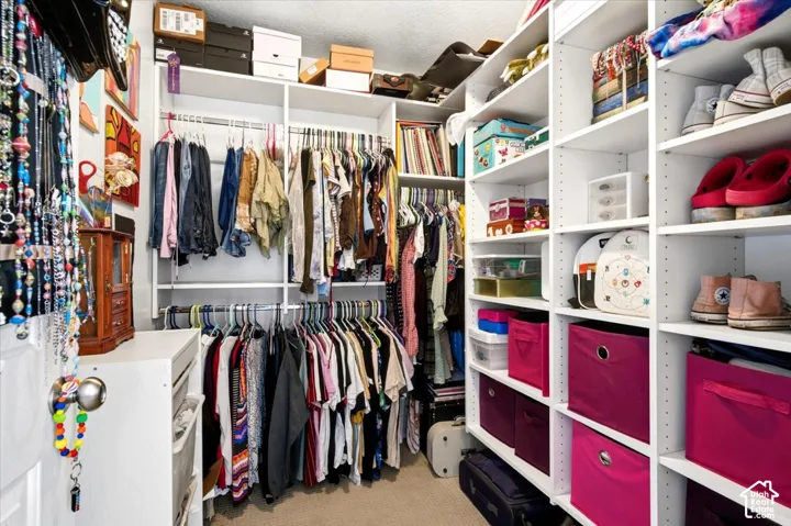 Expansive walk-in closet featuring built-in shelving, multiple hanging rods, and integrated storage compartments