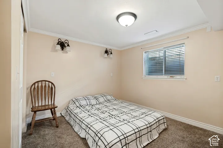 Light beige wall paint, crown molding, two wall-mounted sconces, a window with blinds, and carpet flooring