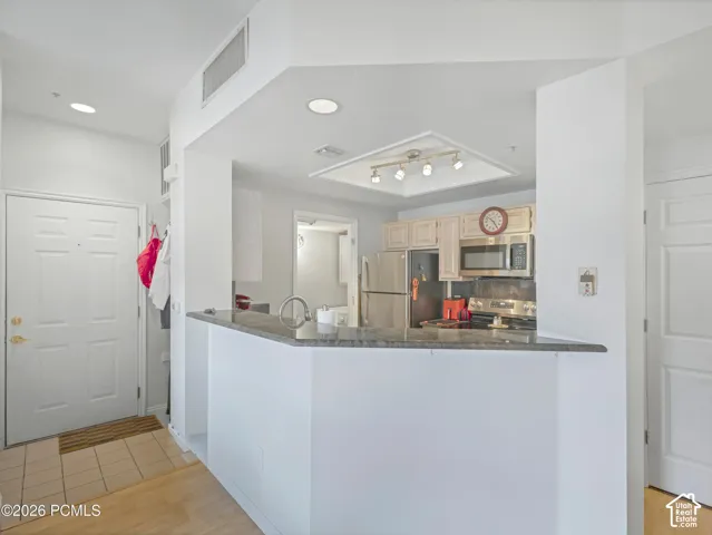 Kitchen featuring light-finish cabinetry, stainless steel appliances, and a polished countertop