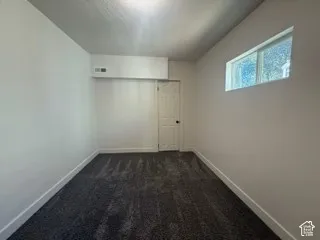 Neutral wall finishes, dark carpet, and an elevated window