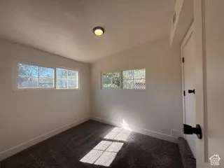 Vaulted ceiling with flush-mount lighting, multiple windows, and dark carpet flooring