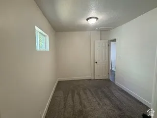 Neutral wall paint, textured ceiling, flush mount ceiling light, white paneled door, dark knob hardware, and gray patterned carpeting