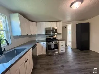 White cabinetry, dark countertops, stainless steel appliances, wood-finish flooring, and a subway tile backsplash