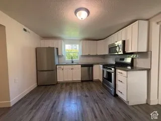Kitchen featuring wood-finish flooring, white cabinetry, stainless steel appliances, and a tiled backsplash