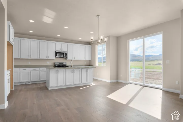 Open-concept kitchen with white shaker cabinetry, stainless steel appliances, and a central island