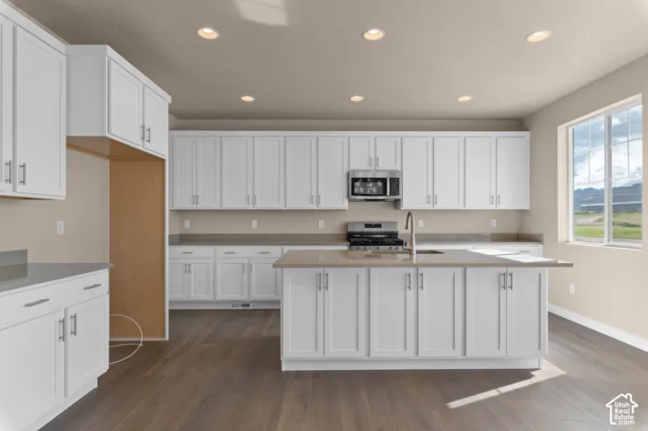 White shaker-style cabinetry, recessed ceiling lighting, kitchen island with sink, wood-finish flooring, and stainless steel appliances