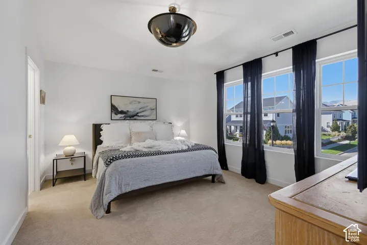 Primary Bedroom featuring fresh, crisp white walls, plush carpeting, and a dark semi-flush mount ceiling light