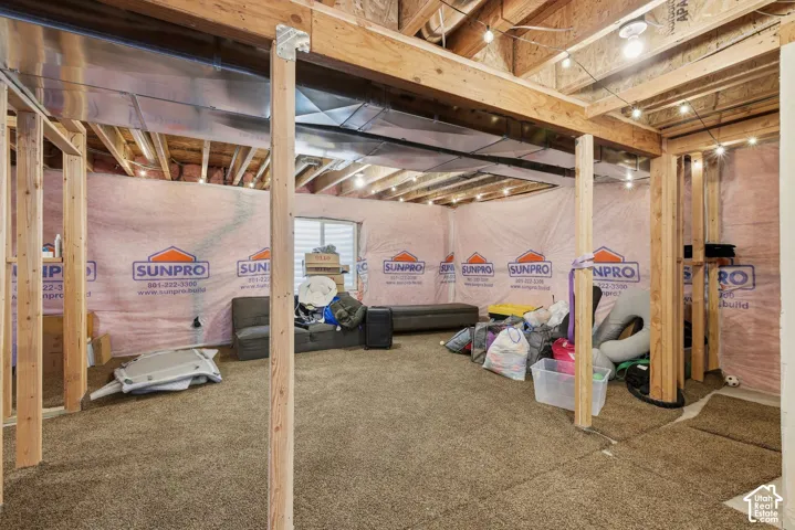 Unfinished Basement with unfitted Carpeted flooring, exposed wood framing, insulated walls, exposed ceiling joists, and string lighting