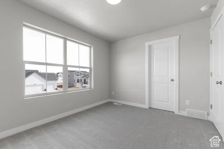 Light gray wall paint, white trim, gray carpet, multiple-pane window, white paneled door