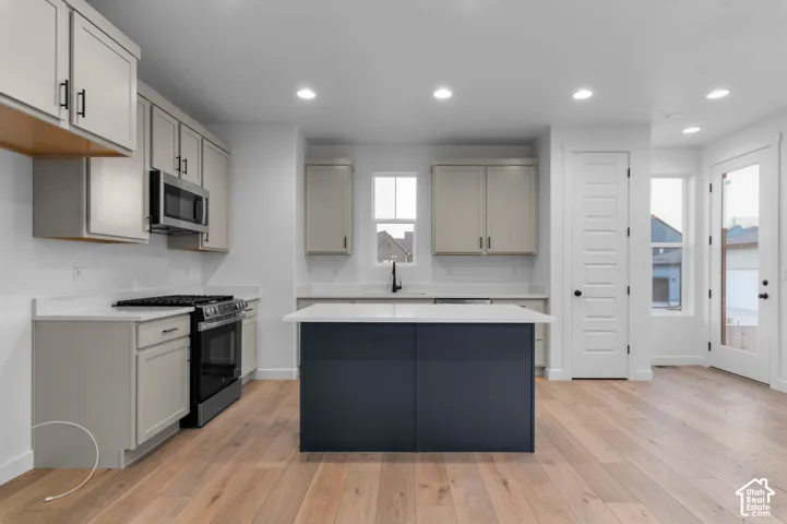 Kitchen featuring wood-finish flooring, recessed lighting, a kitchen island with a light-toned countertop, stainless steel appliances, and light-toned cabinetry