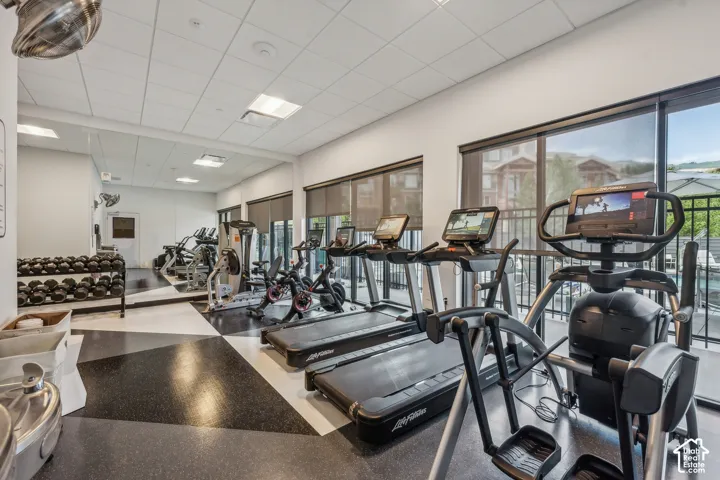 Fitness center with cardio equipment, strength training area, full-wall mirror, and large windows