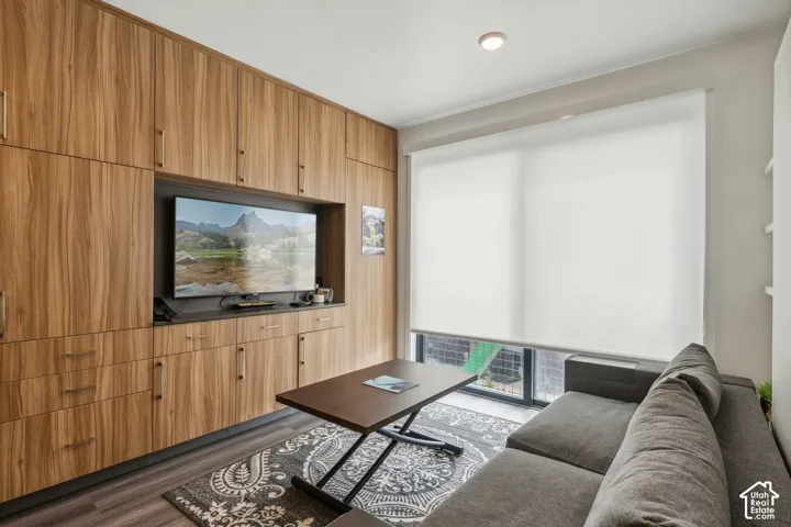 Built-in wood-finish cabinetry, integrated media center, recessed lighting, and wood-finish flooring