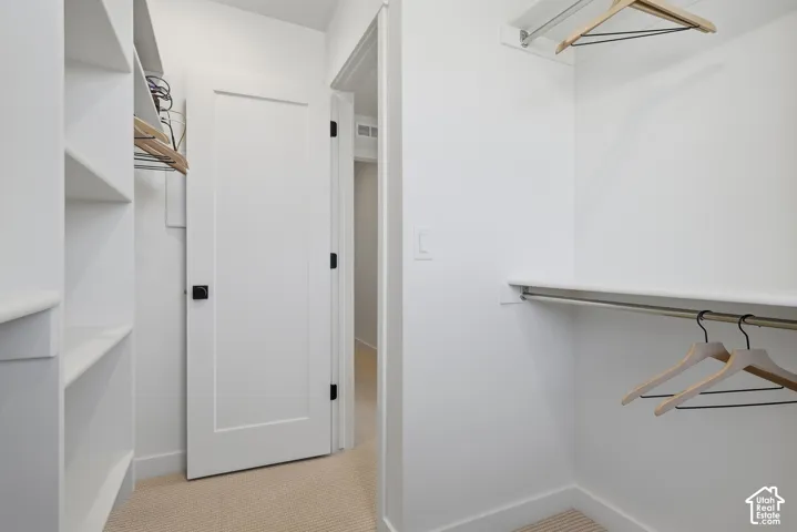 Built-in shelving, hanging rods, and neutral carpeting