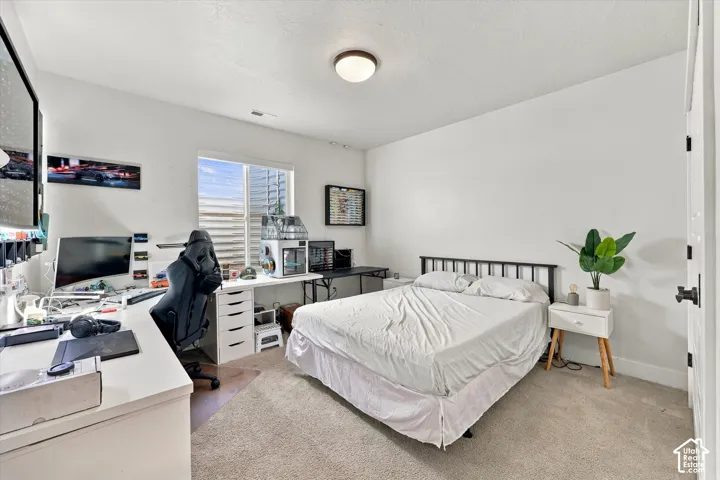 Carpeted flooring, white walls, built-in window, overhead lighting fixture, white door with black hardware