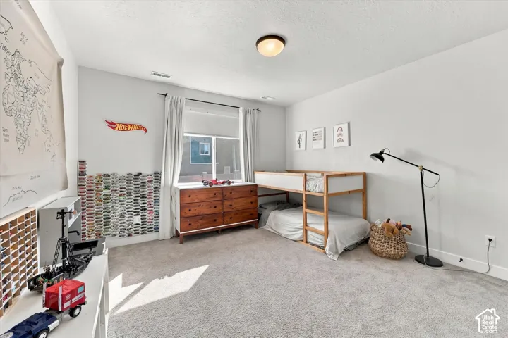 Wall-to-wall carpeting with light-toned walls and an overhead light fixture