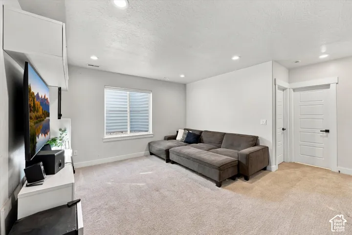 Recessed lighting, wall-mounted cabinetry, window with blinds, paneled interior doors with matte black hardware, and neutral carpeting