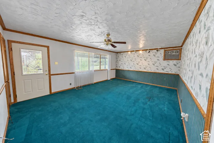 Living area featuring wood trim, blue carpet, and a ceiling fan
