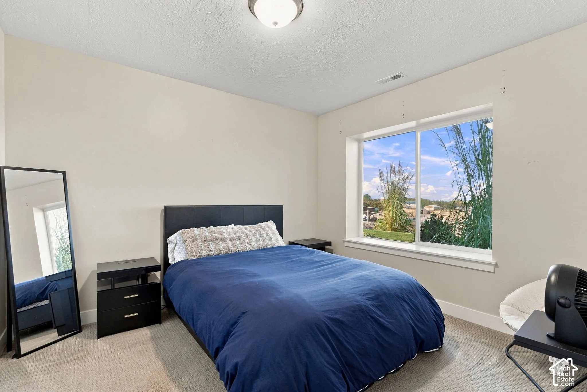 Carpeted room with a large window, a ceiling-mounted light fixture, and neutral-toned walls