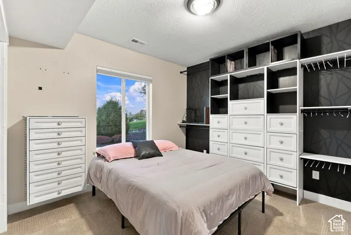Built-in custom cabinetry, built-in dresser, built-in shelving, carpet flooring, and window with outdoor scenery