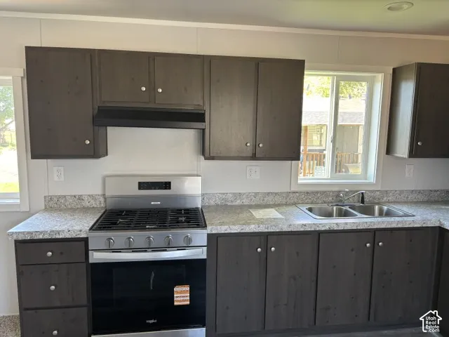 Kitchen featuring dark wood-finish cabinetry, light speckled countertops, a stainless steel gas range, and a double basin sink