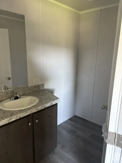 Vanity with a surface-mount sink, speckled countertop, wood-finish cabinetry, chrome faucet, and wood-look flooring