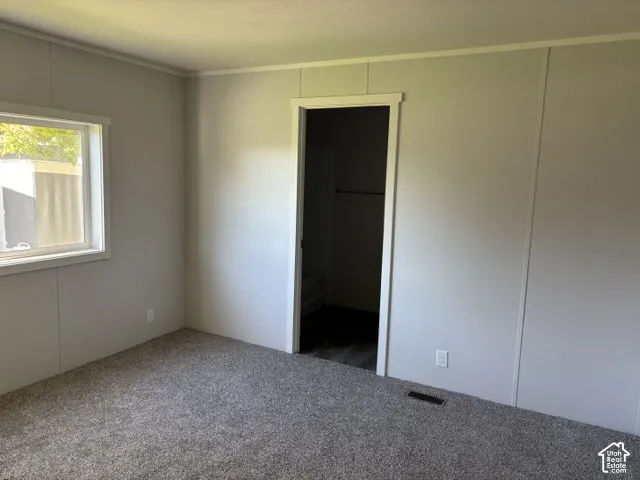 Light gray paneled walls with white trim, gray textured carpet, and a window with white casing