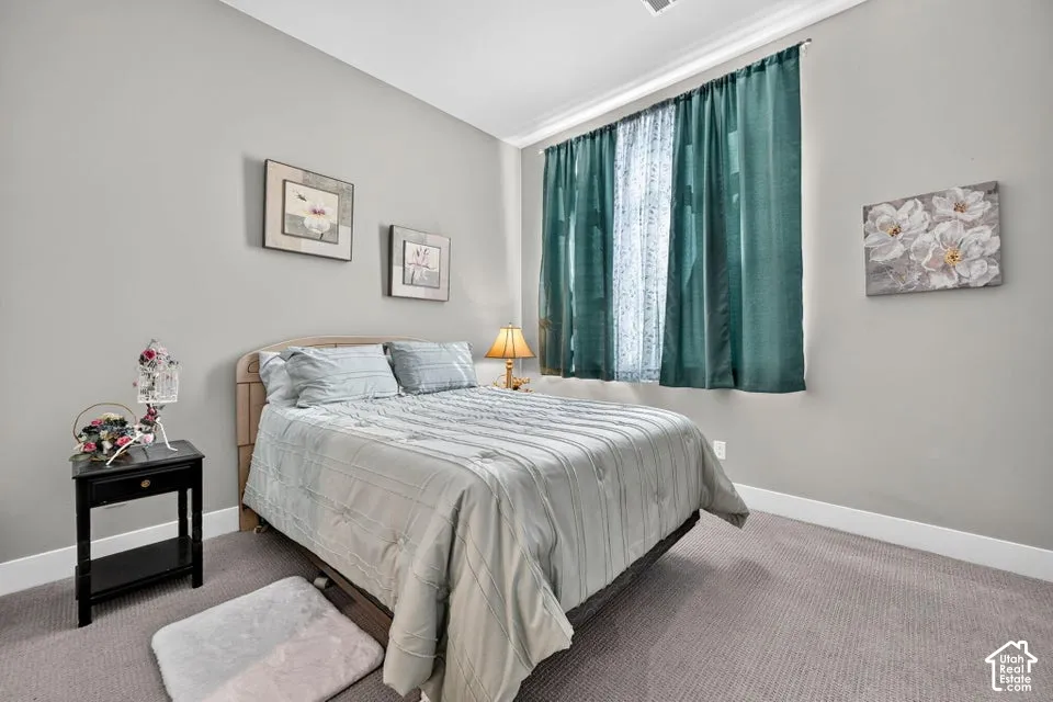 Carpeted flooring, crown molding, and a window with installed curtain rod