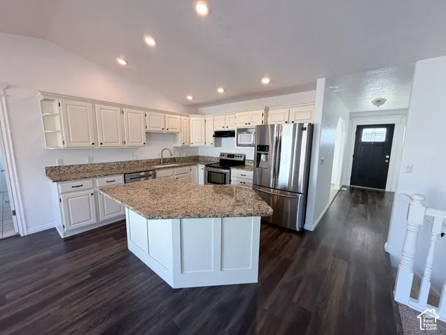Kitchen with white cabinetry, granite countertops, stainless steel appliances, dark LVP flooring, and recessed lighting