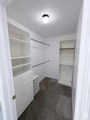 Built-in shelving, integrated drawers, clothing rods, and overhead lighting