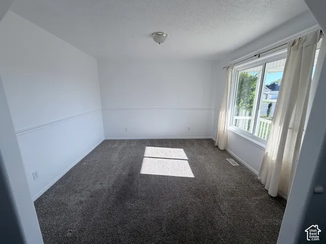 Neutral wall finishes with chair rail molding and carpeted flooring