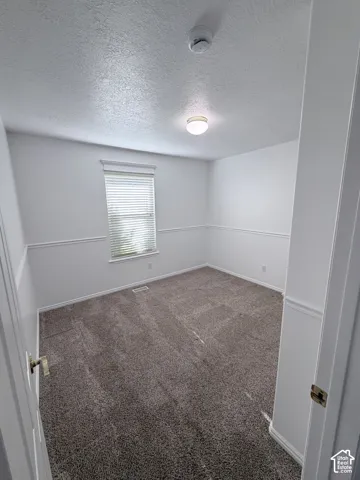 Wall-to-wall carpeting and white walls with wainscoting