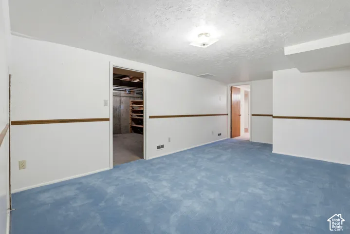 Spacious room with blue carpeting, white walls, wood trim accent, and a flush mount ceiling light