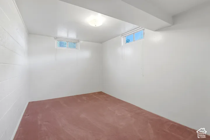 Recessed windows with blinds, overhead lighting, and carpeted flooring