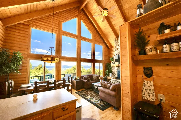Vaulted wood-paneled ceilings with exposed beams