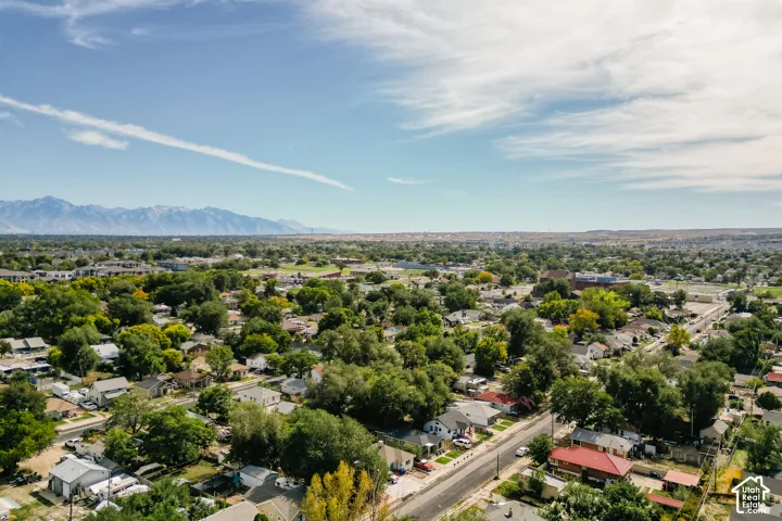 Expansive residential area with numerous mature trees, a paved street, and visible mountain ranges in the distance