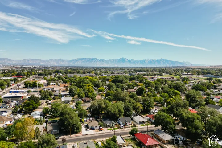 Expansive aerial perspective showcasing a residential area with mature trees