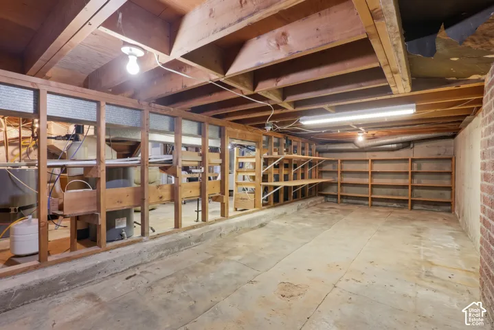 Exposed ceiling joists with permanent overhead lighting