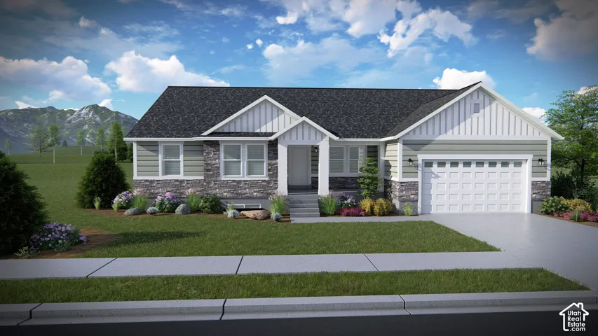 Ranch-style residence featuring a dark shingle roof, light green siding, and stone accents