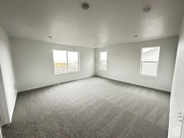 Spacious room featuring neutral carpeting, multiple windows, recessed ceiling lighting, and a neutral wall finish