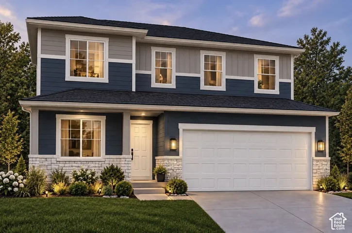 Two-story exterior with multi-toned siding, white trim, stone veneer accents, and a two-car garage