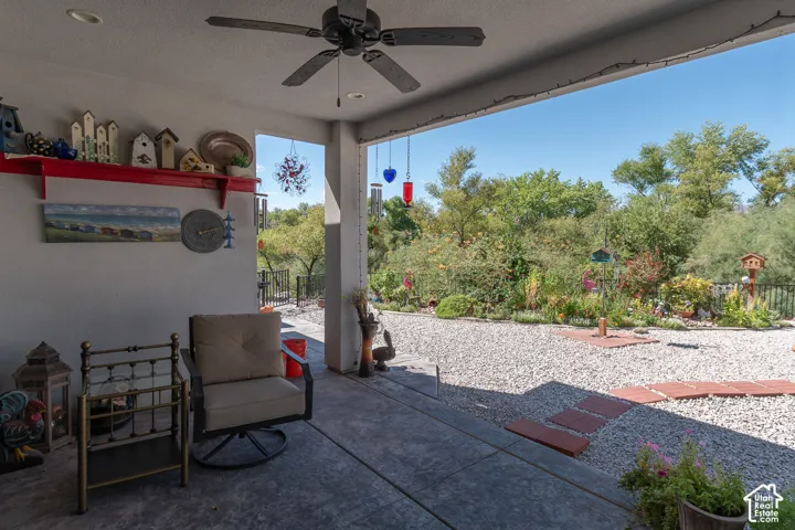 Covered back patio with ceiling fan