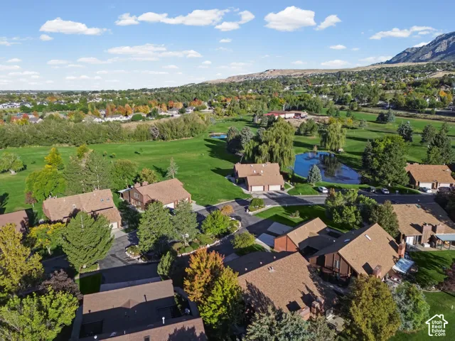 Residential properties with brown shingle roofs, surrounded by mature trees, green lawns, and a prominent pond feature