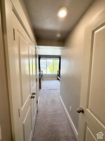 Recessed ceiling lighting illuminates a carpeted hallway