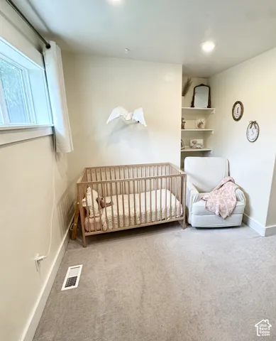 Recessed lighting, wall-mounted shelving, and carpeted flooring