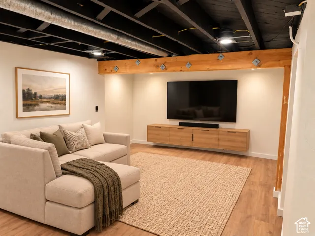 Recessed ceiling lighting, laminate flooring, exposed wooden beams, exposed ceiling joists